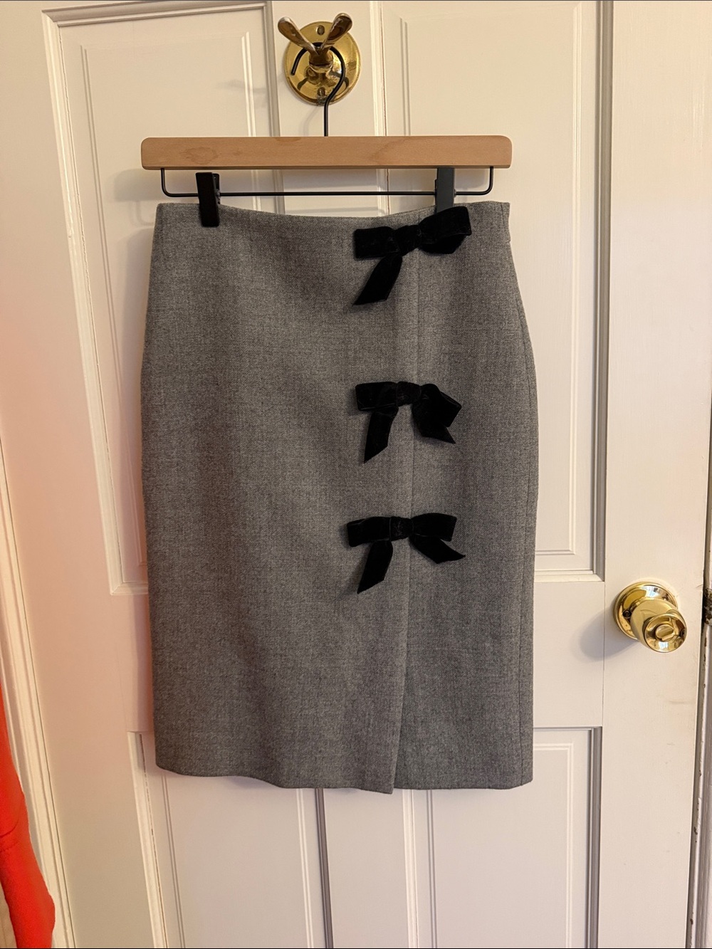 J crew wool Gray Pencil Skirt with Black Bow Details